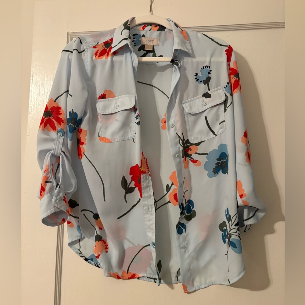 LOFT Light Blue Floral Button-Up Blouse